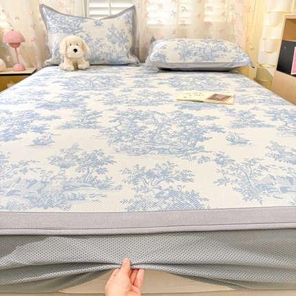 2025新款小清新数码印花床笠款冰藤席 床笠油画庄园-蓝