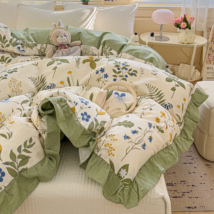 91家纺网 家纺一手货源 找家纺 忆生活家纺 2025新款韩版全棉花边款-单被套系列 桑梓绿