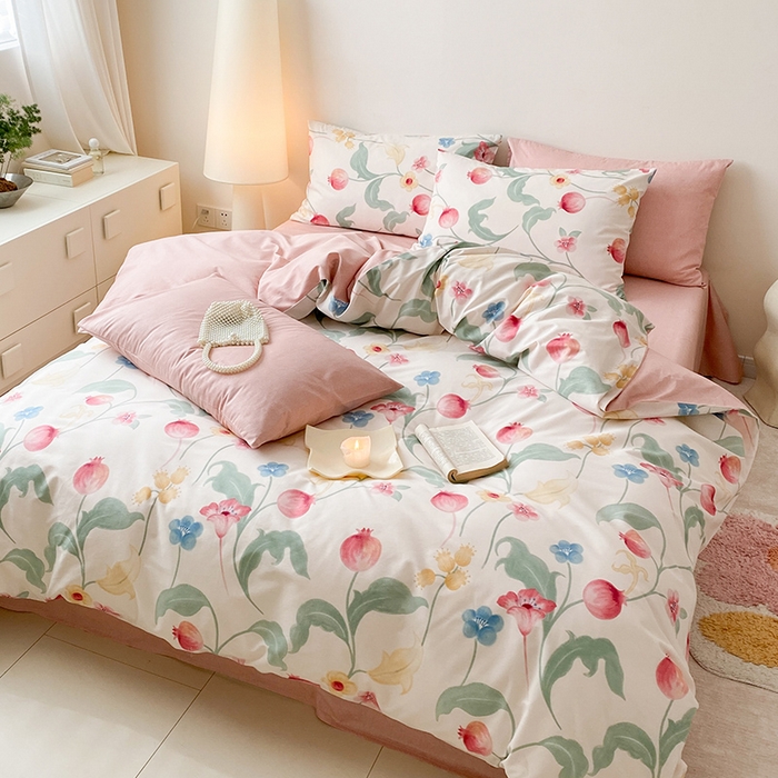 91家纺网 家纺一手货源 找家纺 宜家坊 2025开春新品全棉喷气13070小清新印花纯棉全棉四件套-风格一 时留