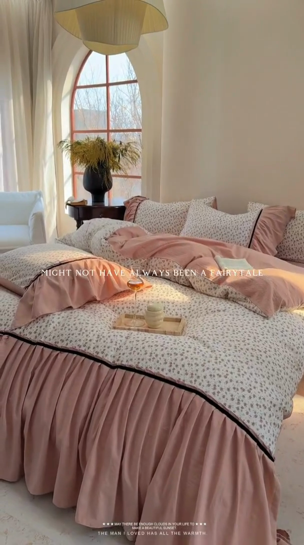 91家纺网 家纺一手货源 找家纺 沐慕 2025新款法式针织双层纱印花系列四件套 花城往事