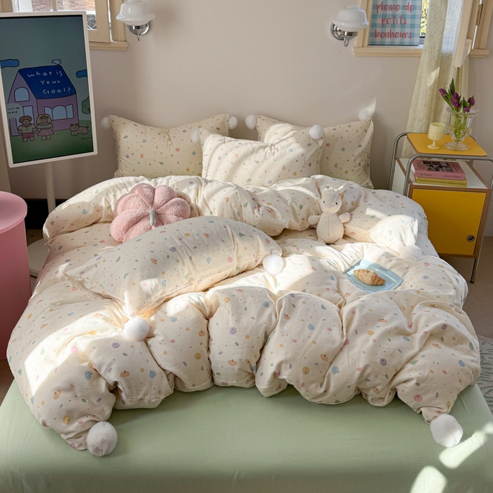 91家纺网 家纺一手货源 找家纺 金爱家 2025新款亲肤舒适纯棉双层纱四件套 双层纱-彩点点小南瓜