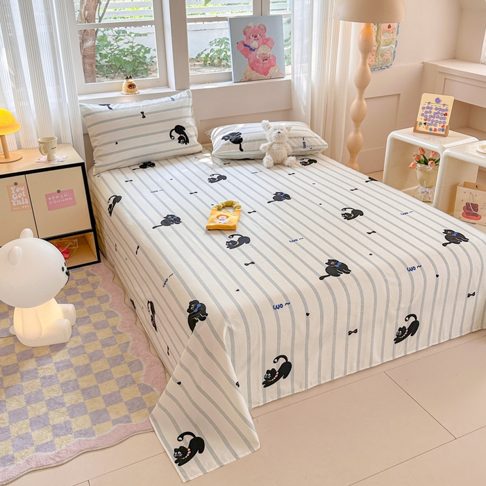 91家纺网 家纺一手货源 找家纺 吉象家纺 2025新款高支密全棉印花单品系列-单床单 线条猫咪