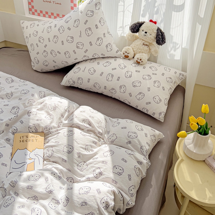 91家纺网 家纺一手货源 找家纺 优选良品 2025新款加厚云感棉双层纱四件套小碎花被套床单床笠款学生三件套新款直播热款 猫咪恋人