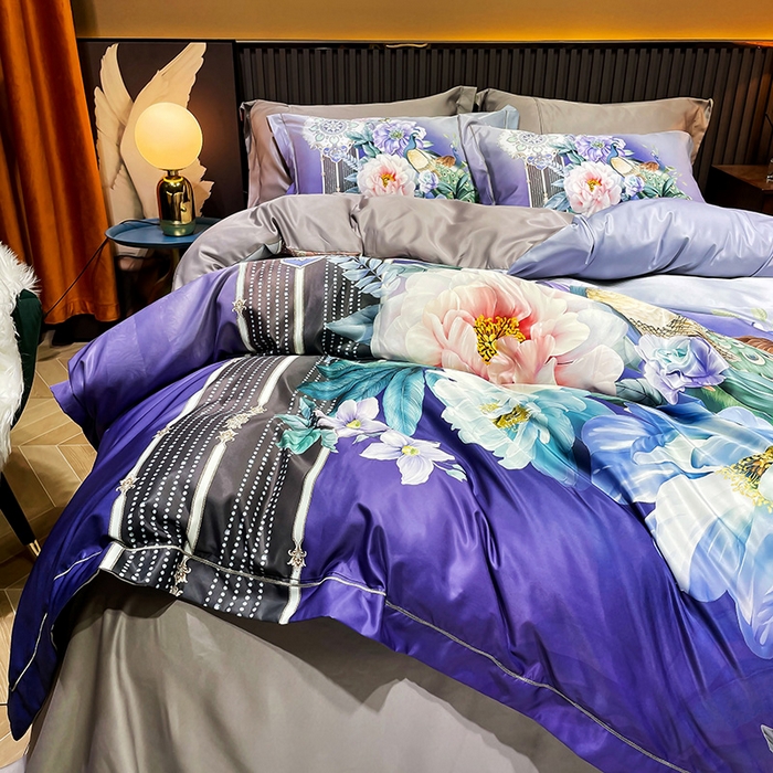 91家纺网 家纺一手货源 找家纺 梵克保罗 2025春夏新款天丝数码大版印花四件套 华尔兹-紫