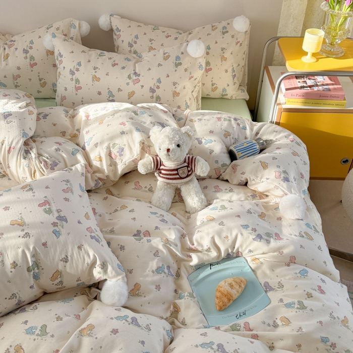 91家纺网 家纺一手货源 找家纺 金爱家 2025新款亲肤舒适纯棉双层纱四件套 双层纱-彩色小恐龙