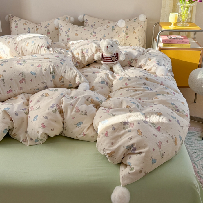 91家纺网 家纺一手货源 找家纺 金爱家 2025新款亲肤舒适纯棉双层纱四件套 双层纱-彩色小恐龙