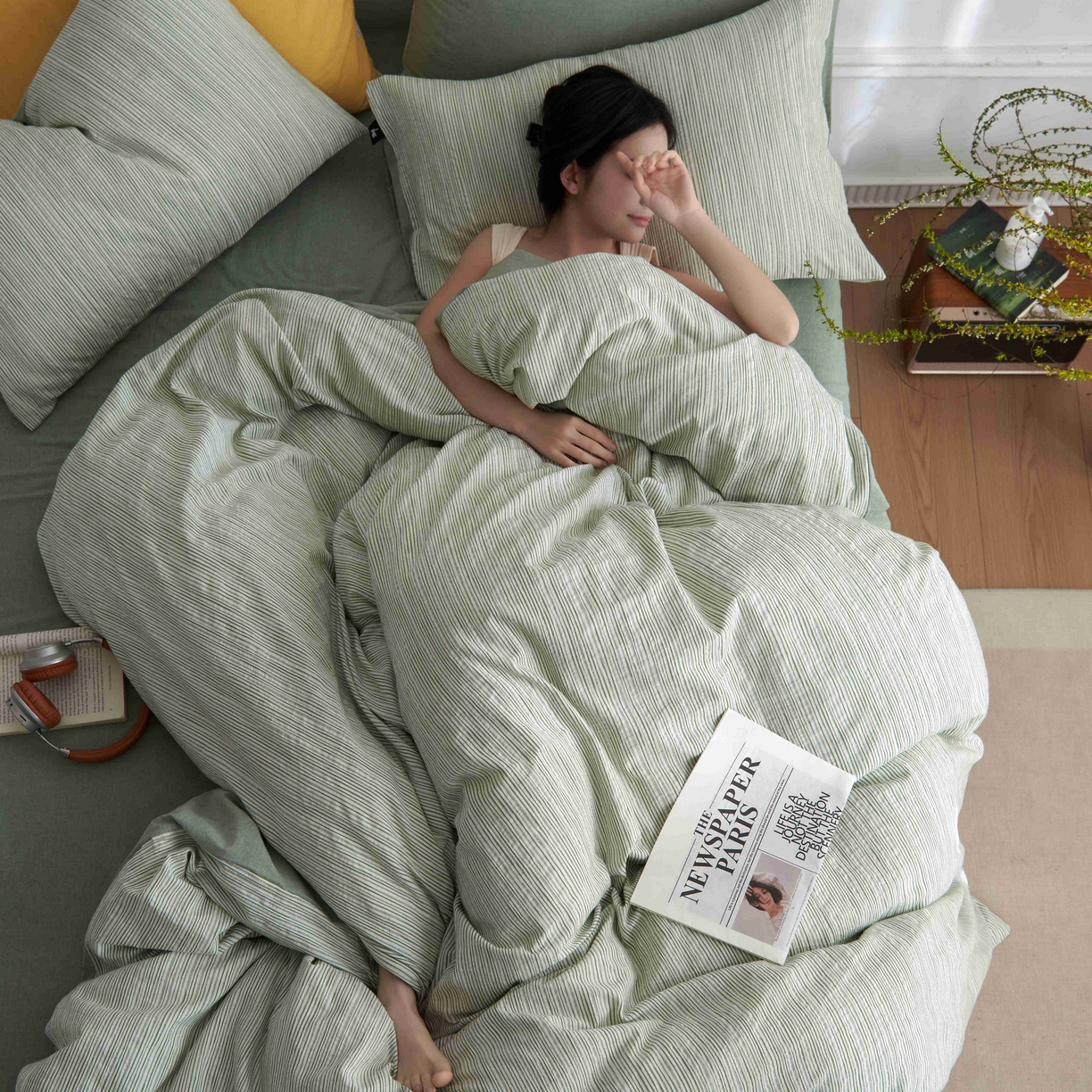 91家纺网 家纺一手货源 找家纺 安莱生活 2025新款60s色织大提花秘境条纹四件套系列 绿白混条