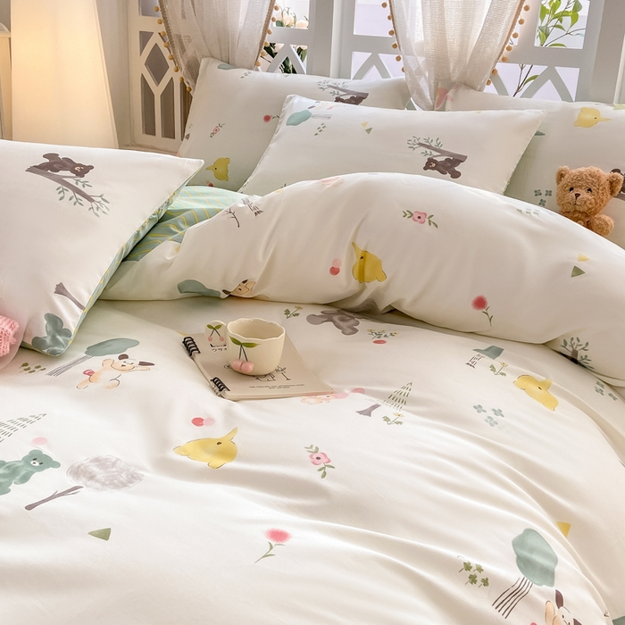 91家纺网 家纺一手货源 找家纺 宜家坊 2025早春新品全棉纯棉喷气13070小清新印花纯棉四件套-风格二 秘森茶话会