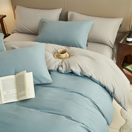 2025新款全棉13372水洗棉双拼四件套（影棚亮光） 安然蓝+毛毯灰