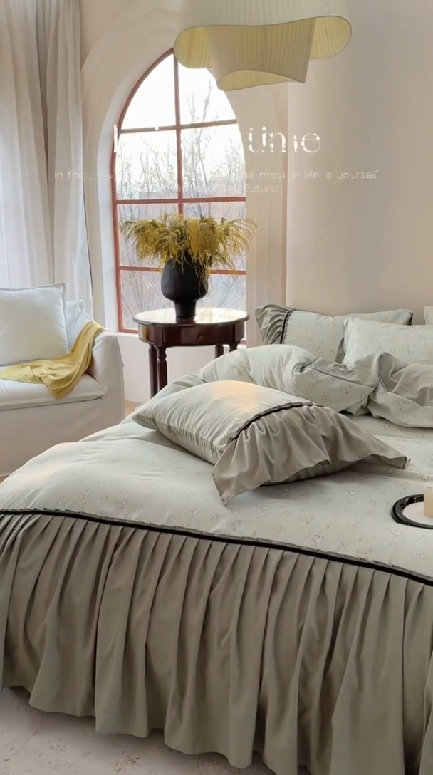 91家纺网 家纺一手货源 找家纺 沐慕 2025新款法式针织双层纱印花系列四件套 绿茶