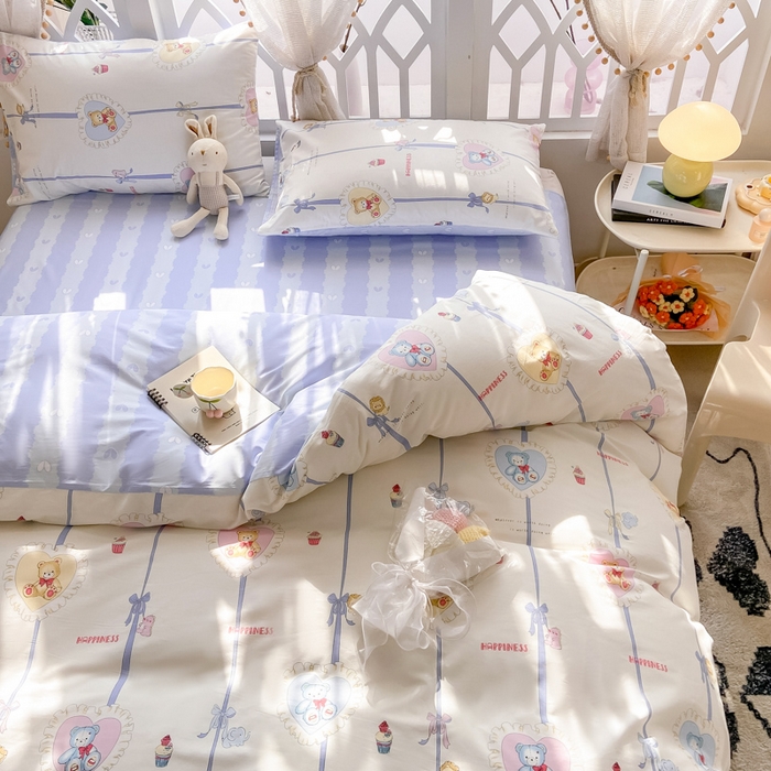 91家纺网 家纺一手货源 找家纺 宜家坊 2025早春新品全棉纯棉喷气13070小清新印花纯棉四件套-风格二 熊美眉