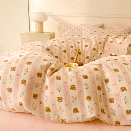 DoDo 兜兜 2025新款全棉双层纱印花单被套（可定做尺寸） 条纹小熊-粉