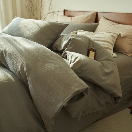 2025新款纯棉水洗棉三层树纹提花四件套 三层纱树皮纹四件套-浅灰