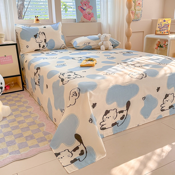 91家纺网 家纺一手货源 找家纺 吉象家纺 2025新款高支密全棉印花单品系列-单床单 奶牛猫