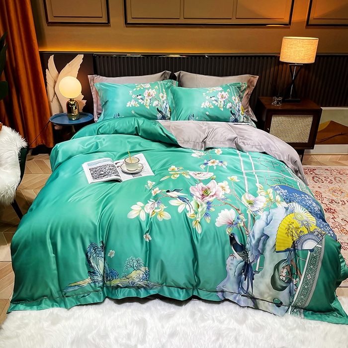 91家纺网 家纺一手货源 找家纺 梵克保罗 2025春夏新款天丝数码大版印花四件套 奥洛琳-绿