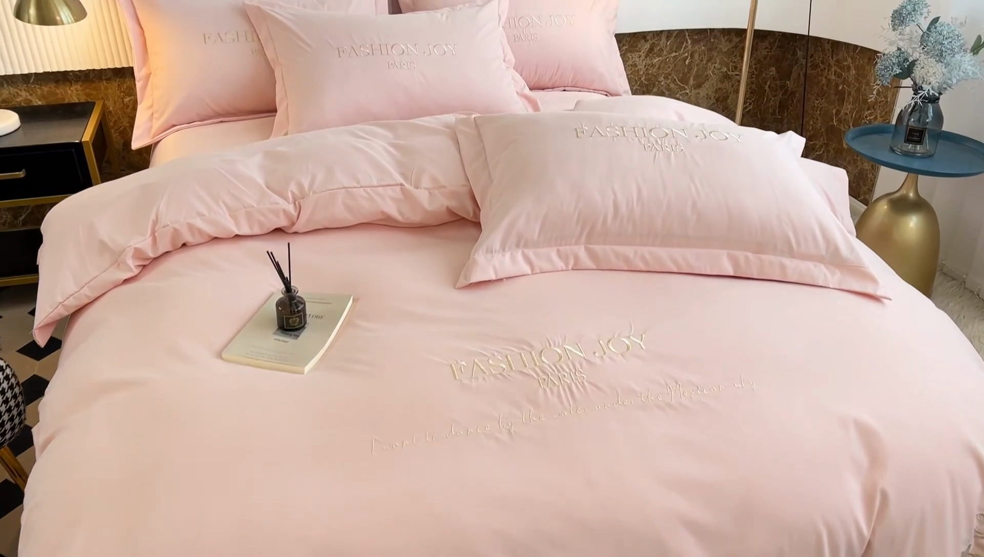 91家纺网 家纺一手货源 找家纺 梵克保罗 2025新款直播热卖长绒棉刺绣花边四件套-繁星系列 繁星-玫瑰粉