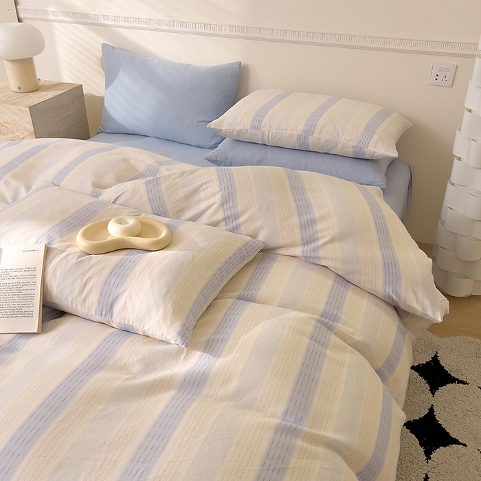 91家纺网 家纺一手货源 找家纺 DoDo 兜兜 2025新款全棉双层纱印花四件套（可定做尺寸） 律动-蓝