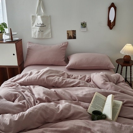 水洗的故事 2025新款全棉A类皱皱纱纯色混搭四件套 奶杏