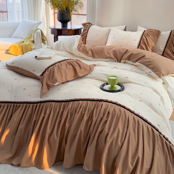 91家纺网 家纺一手货源 找家纺 沐慕 2025新款法式针织双层纱印花系列四件套 蝴蝶结