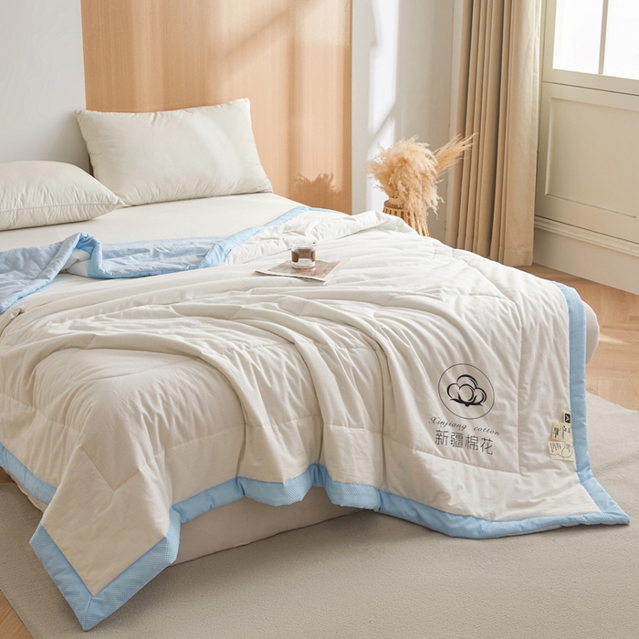 91家纺网 家纺一手货源 找家纺 熙宴家纺 2025新款水洗棉100%新疆棉花夏被-棉白 棉白+蓝