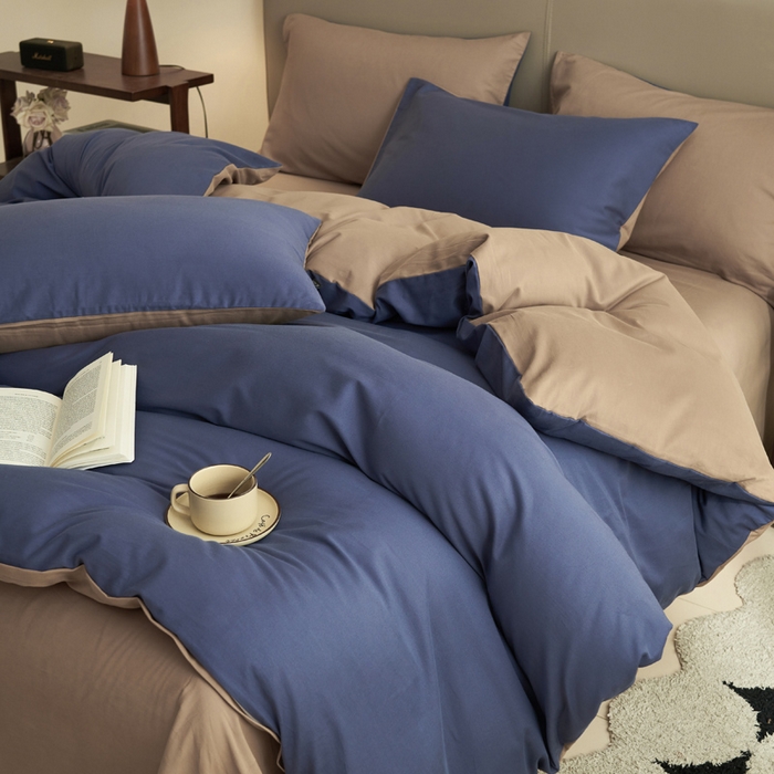 91家纺网 家纺一手货源 找家纺 2025新款全棉13372水洗棉双拼四件套（影棚亮光） 布鲁兰+拾柴