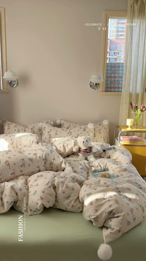 91家纺网 家纺一手货源 找家纺 金爱家 2025新款亲肤舒适纯棉双层纱四件套 双层纱-彩色小恐龙