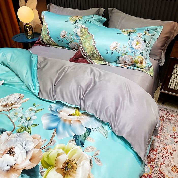 91家纺网 家纺一手货源 找家纺 梵克保罗 2025春夏新款天丝数码大版印花四件套 花香琉璃-红