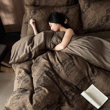 91家纺网 家纺一手货源 找家纺 安莱生活 2025年全棉色织人字纹提花三系列四件套 镜花园-咖