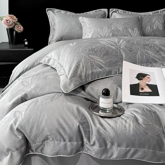 91家纺网 家纺一手货源 找家纺 米彩家纺 2025新款A类水洗真丝天丝提花四件套 一叶深情高级灰