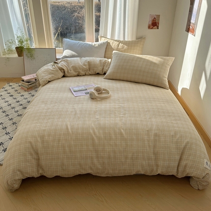 三朵家纺 2025新款全棉双层纱混搭四件套 沐光-咖