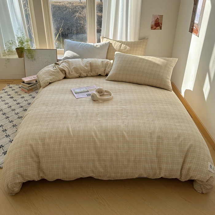 91家纺网 家纺一手货源 找家纺 三朵家纺 2025新款全棉双层纱混搭四件套 沐光-咖