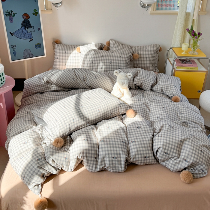 91家纺网 家纺一手货源 找家纺 金爱家 2025新款亲肤舒适纯棉双层纱四件套 双层纱-美拉德腊肠狗