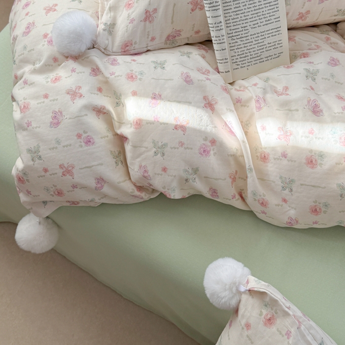 91家纺网 家纺一手货源 找家纺 金爱家 2025新款亲肤舒适纯棉双层纱四件套 双层纱-梦幻玫瑰蝴蝶