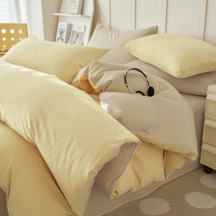 2025新款全棉13372水洗棉双拼四件套（自然光） 蘑菇黄+天青韵白