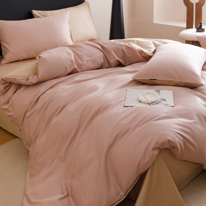 91家纺网 家纺一手货源 找家纺 2025新款60支纯棉长绒棉四件套 豆沙+香槟色