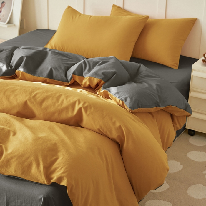 91家纺网 家纺一手货源 找家纺 2025新款全棉13372水洗棉双拼四件套（自然光） 暗木幽香+宝藏灰