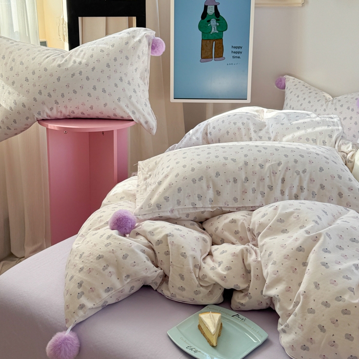 91家纺网 家纺一手货源 找家纺 金爱家 2025新款亲肤舒适纯棉双层纱四件套 双层纱-芋泥紫小象