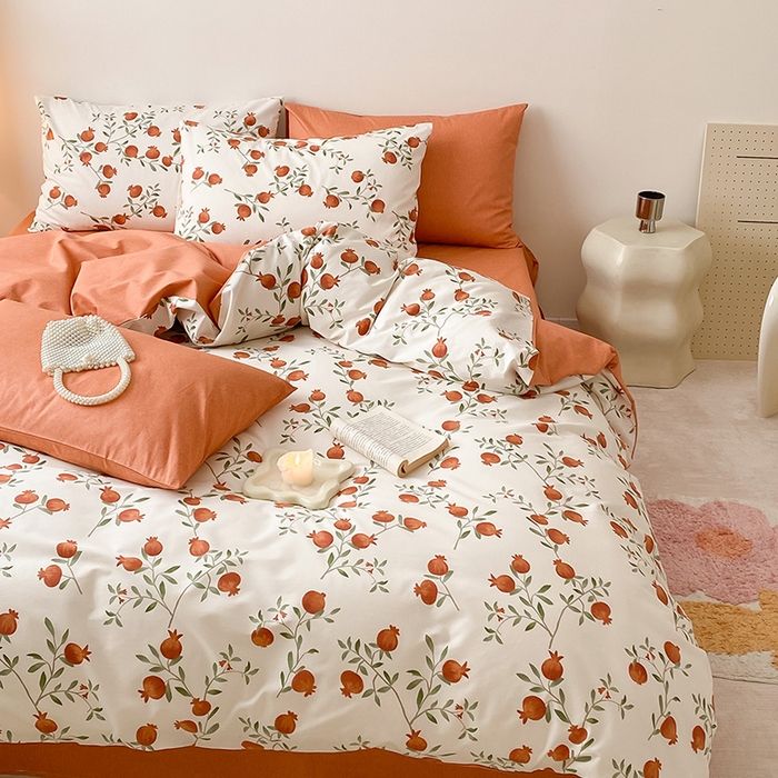 91家纺网 家纺一手货源 找家纺 宜家坊 2025开春新品全棉喷气13070小清新印花纯棉全棉四件套-风格一 红了石榴