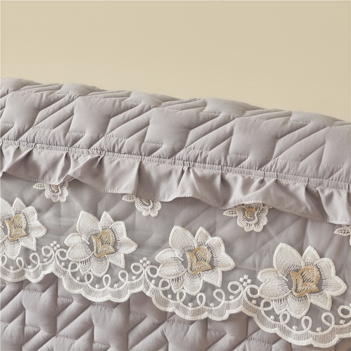 91家纺网 家纺一手货源 找家纺 十个点家纺 2025新款千鸟格磨毛绗缝夹棉纯色花边床头罩 经典浅灰