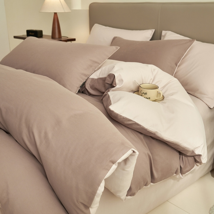 91家纺网 家纺一手货源 找家纺 2025新款全棉13372水洗棉双拼四件套（影棚亮光） 暗香紫砂+40驼