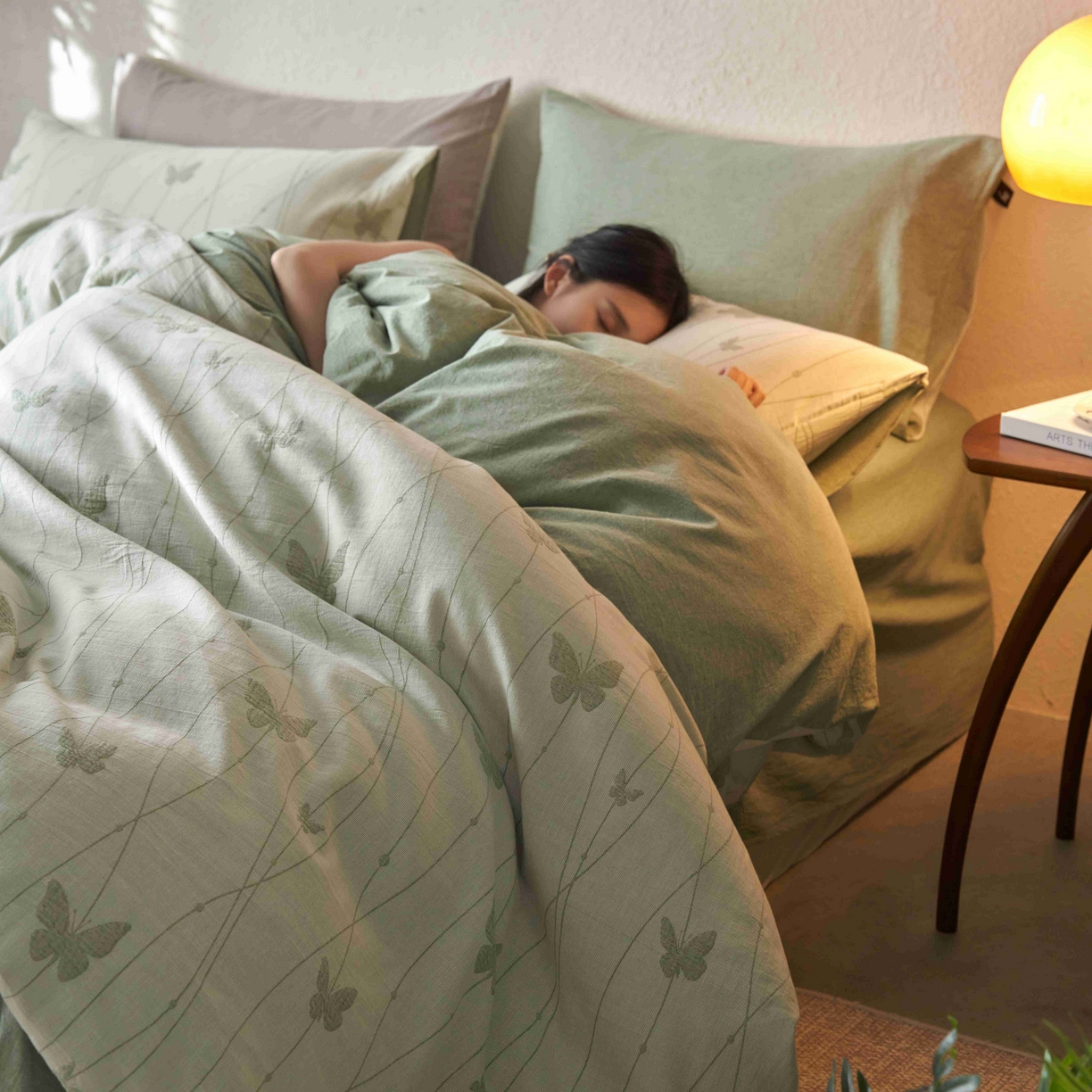 91家纺网 家纺一手货源 找家纺 安莱生活 2025新款60s双层纱色织大提花蝶舞翩翩四件套系列 蝶舞翩翩-草绿