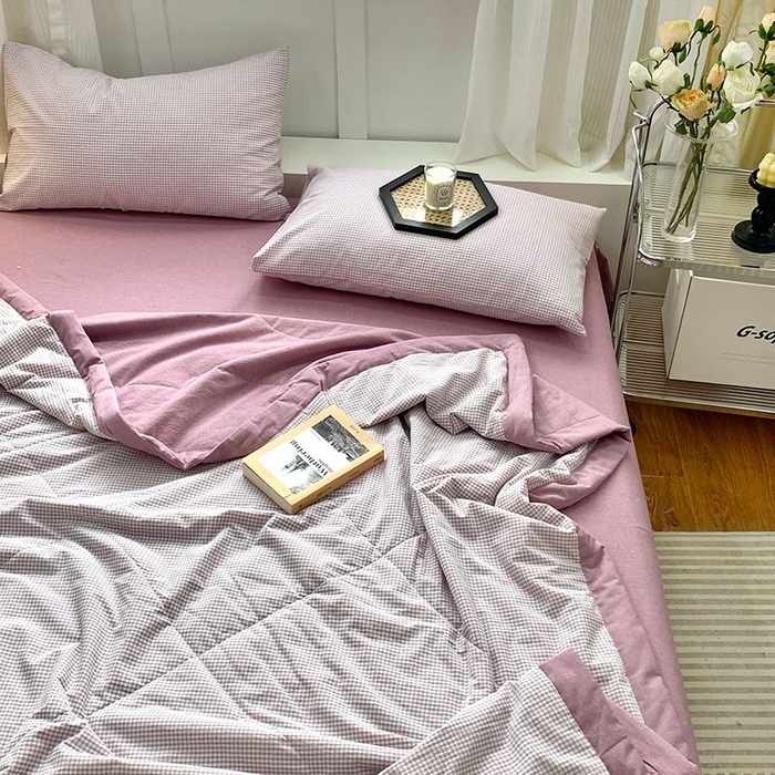 91家纺网 家纺一手货源 找家纺 水洗的故事 2025新款全棉色织水洗棉夏被&四件套 小格紫