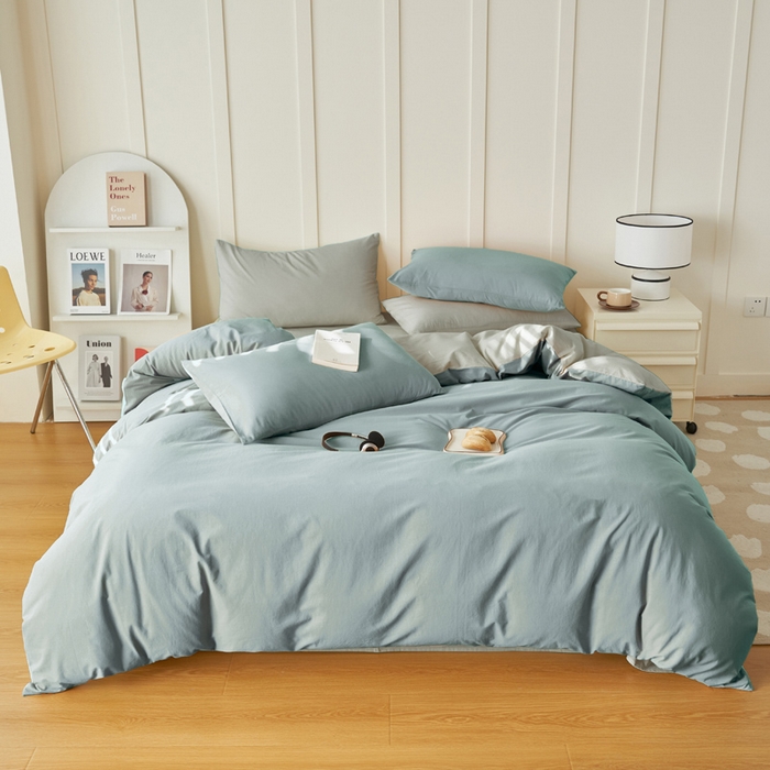 91家纺网 家纺一手货源 找家纺 2025新款全棉13372水洗棉双拼四件套（自然光） 安然蓝+毛毯灰