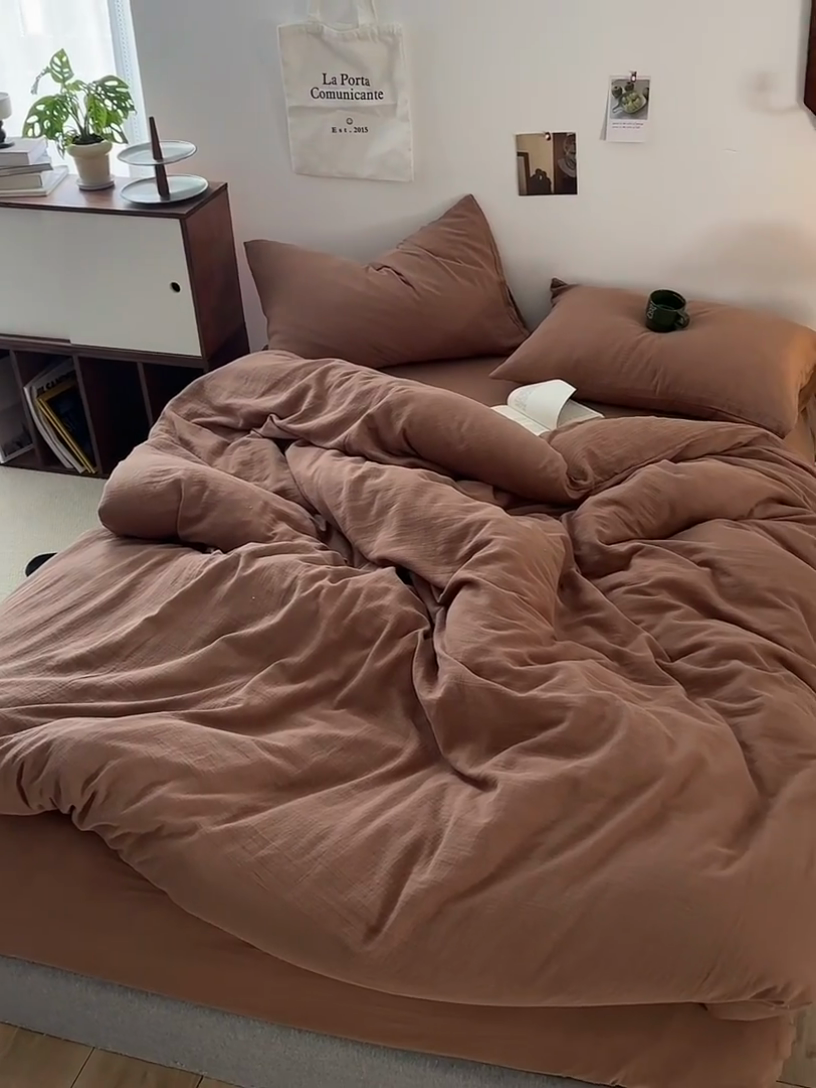 91家纺网 家纺一手货源 找家纺 水洗的故事 2025新款全棉A类皱皱纱纯色混搭四件套 摩卡