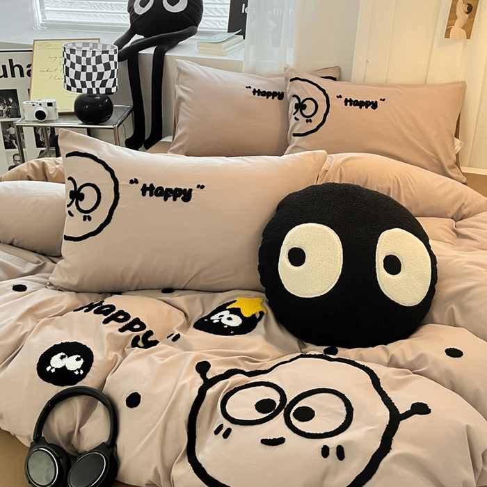 91家纺网 家纺一手货源 找家纺 沐慕 2025新款简约亲肤毛巾绣四件套 黑球球-卡其