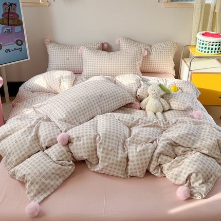 金爱家 2025新款亲肤舒适纯棉双层纱四件套 双层纱-彩格子小樱桃