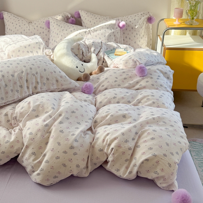 91家纺网 家纺一手货源 找家纺 金爱家 2025新款亲肤舒适纯棉双层纱四件套 双层纱-芋泥紫小象