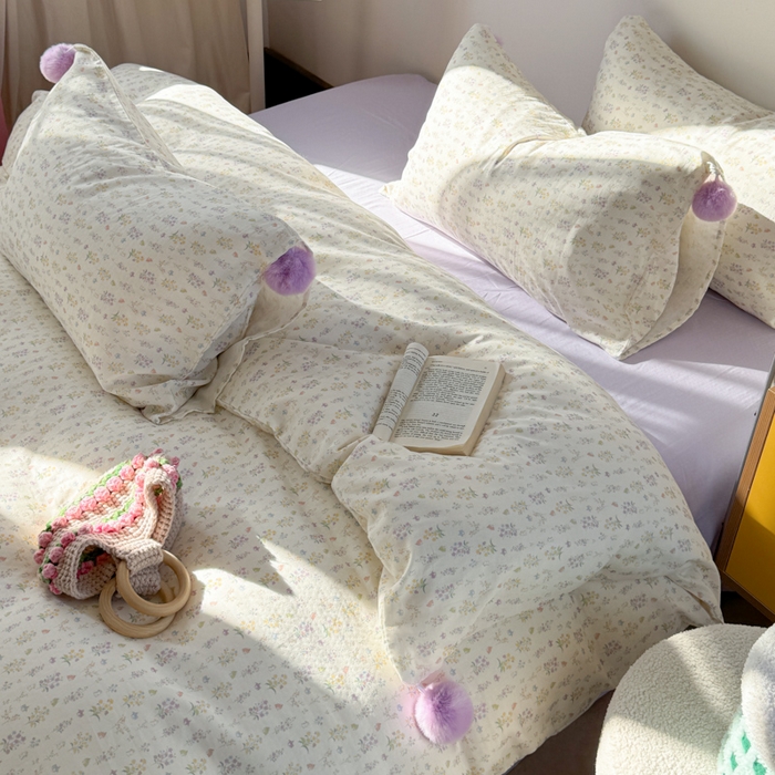 91家纺网 家纺一手货源 找家纺 金爱家 2025新款亲肤舒适纯棉双层纱四件套 双层纱-紫碎花小兔