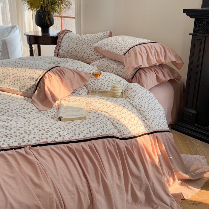 91家纺网 家纺一手货源 找家纺 沐慕 2025新款法式针织双层纱印花系列四件套 花城往事