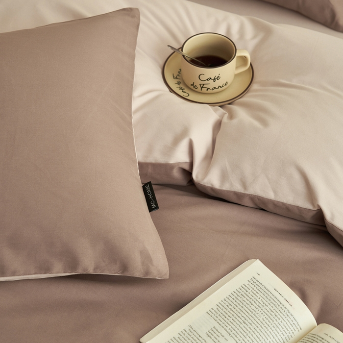 91家纺网 家纺一手货源 找家纺 2025新款全棉13372水洗棉双拼四件套（影棚亮光） 暗香紫砂+40驼